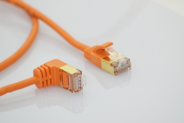 WantecWire slim, round SSTP CAT7 Patchcord, 0,16INCH (4mm), CAT6e Connectors, angled down 90°+180°, Color: orange, Length: 39,37INCH (1,00m)